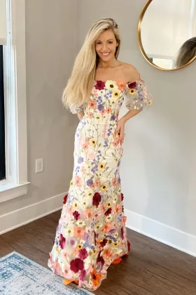 off shoulder 3d flower lace fit and flare evening dress
