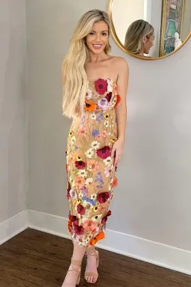 strapless 3d floral lace bodycon midi cocktail dress