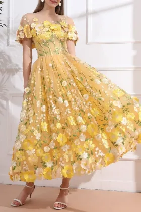 yellow floral corset prom dress with removable cape
