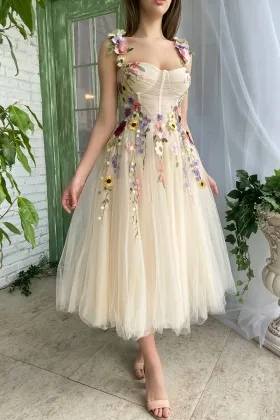 champagne tulle flower applique straps midi party dress