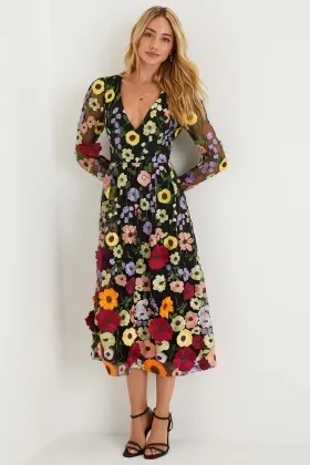 3d flower lace long sleeve black midi evening dress