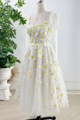 yellow and white 3d flower scoop neck tie straps party dress