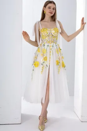 tie straps corset yellow floral slit homecoming dress