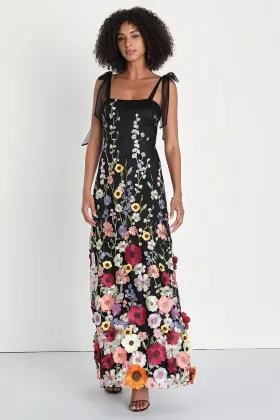 3d floral applique tie straps black maxi evening dress