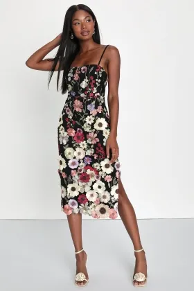 colorful 3d flower lace up back black midi party dress