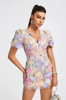 lavender pink 3d flower bodycon mini cocktail dress