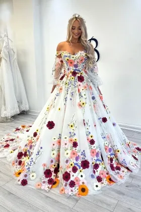 fairy 3d flower off shoulder sleeved wedding ball gown