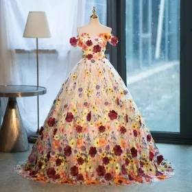 multi color 3d flower off shoulder princess wedding gown