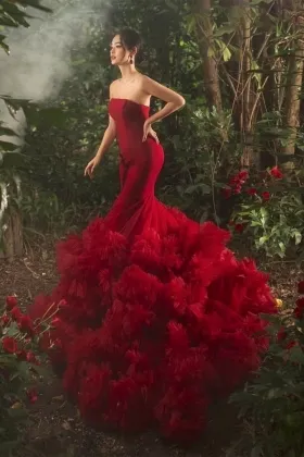 tiered ruffled long train red mermaid engagement dress