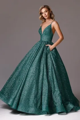 glitter dark green straps v neck ball gown evening dress
