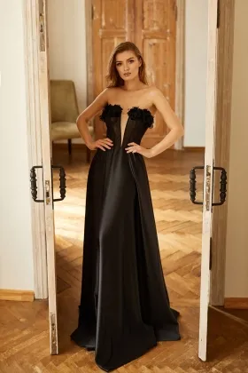 black 3d flowers strapless lace and satin evening dress