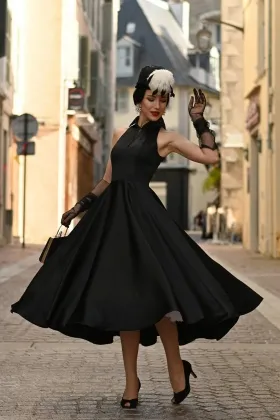 timeless black satin halter tea length cocktail dress