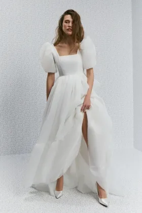 square neck puff sleeve organza second wedding dress