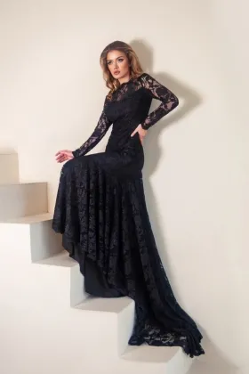 illusion long sleeve black lace mermaid evening dress