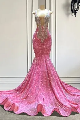 plunging neck beading hot pink sequin mermaid prom gown