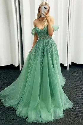leaf lace appliqued off the shoulder green prom dress