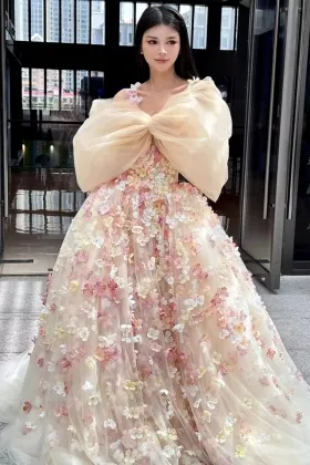 fairy beaded 3d flowers oversized bow puffy prom dress