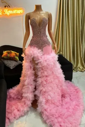 heavily beaded split ruffled pink mermaid prom dress