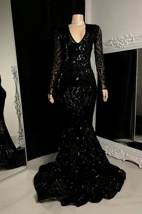 geometric pattern black sequin mermaid prom dress