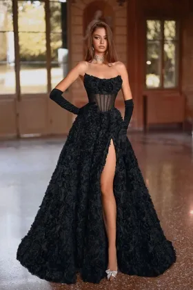 elegant black 3d rosette corset slit formal gown