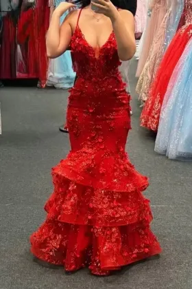 perfect red 3d floral applique ruffled mermaid prom gown