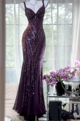 sparkly stripe wave sequin eggplant chiffon prom dress