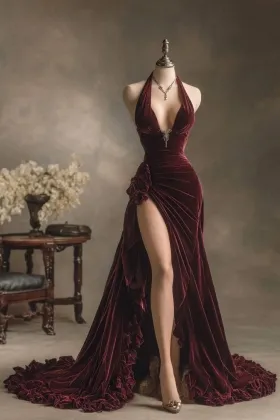 sexy high slit ruffled burgundy velvet sexy prom dress