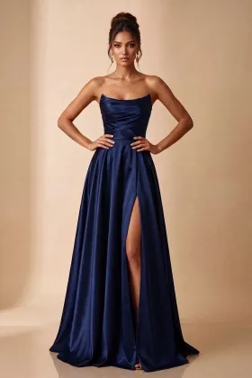 elegant navy blue satin strapless split evening dress