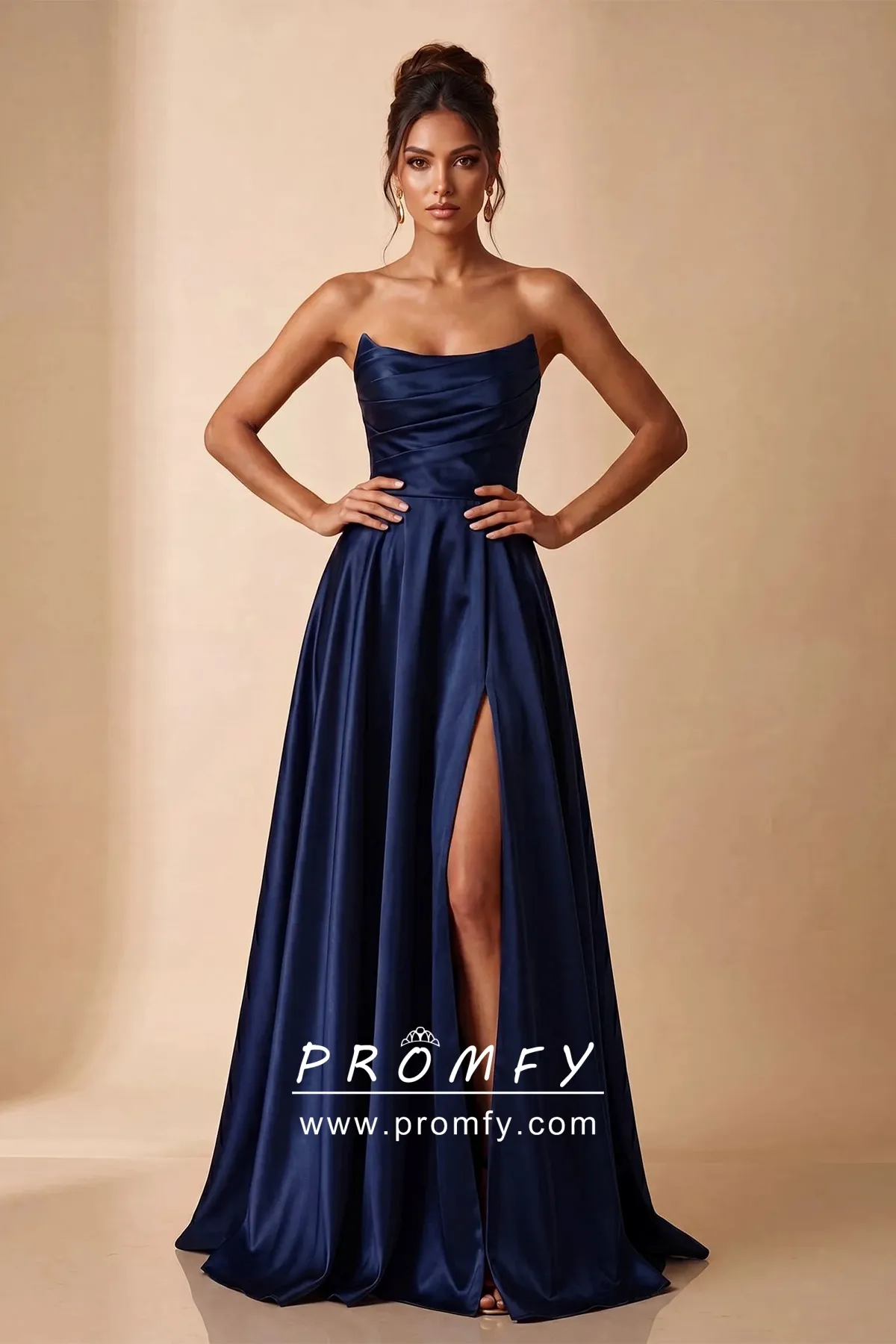 elegant navy blue satin strapless split evening dress elegant navy blue satin strapless split evening dress