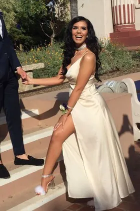 Ivory satin simple A line long prom dress with thigh high slit