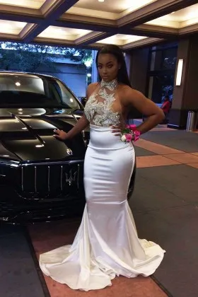 Sparkly silver glitter and satin halter high neck mermaid prom dress