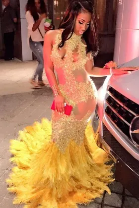 Beaded yellow lace and feather sexy illusion mermaid long prom gown