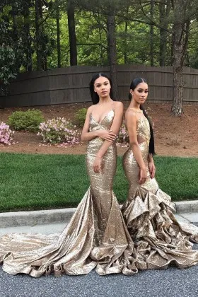 Sparkly blonde mermaid long prom gowns with flounced long train