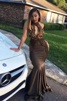 Charcoal black lace and spandex high neck mermaid long prom gown