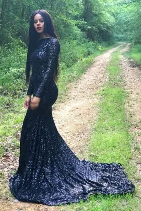 Sparkly dark navy sequin long sleeve mermaid prom gown with court train