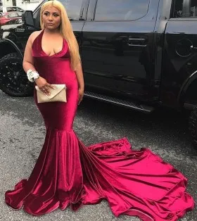 Gorgeous red velvet plunging neckline mermaid prom gown with long train