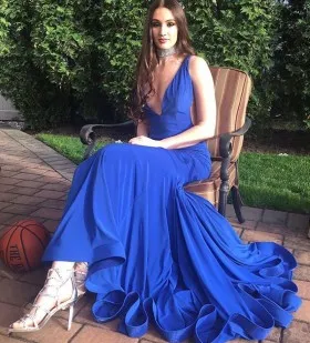 royal blue jersey plunging neckline military ball dress flounced train
