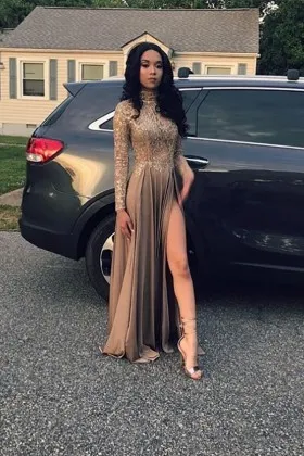 Vintage high neck long sleeve coffee lace and jersey A line prom dress