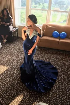 dark navy velvet with lace appliqued off the shoulder mermaid prom gown