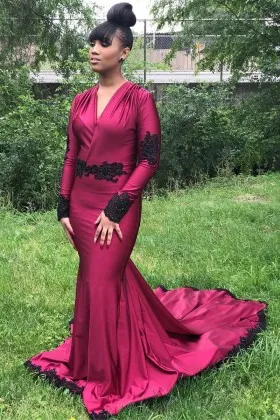 Magenta red spandex long sleeve prom gown with black lace appliqued