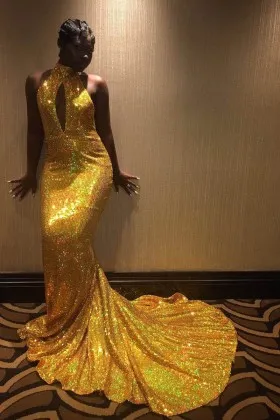 Sparkly gold sequin high neckline cutout mermaid long train prom dress