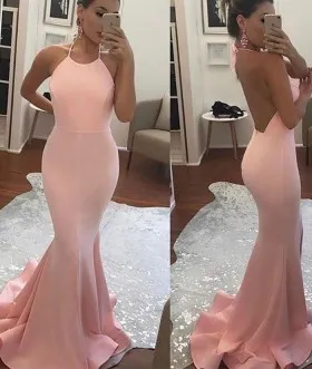 Peach pink spandex cute halter long mermaid flounced prom formal dress