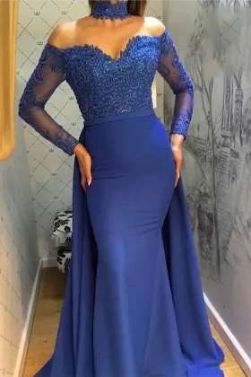 Royal Blue Sheer Lace Applique Long Sleeve Tulle Mermaid Prom Dress Fancy Bridesmaid Dresses