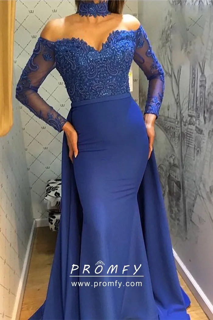 Royal Blue Off the Shoulder Mermaid High Slit Long Prom Dress TP1015 –  Tirdress