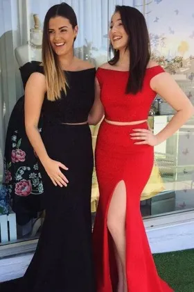 Elegant simple black red two piece mermaid split formal prom dresses