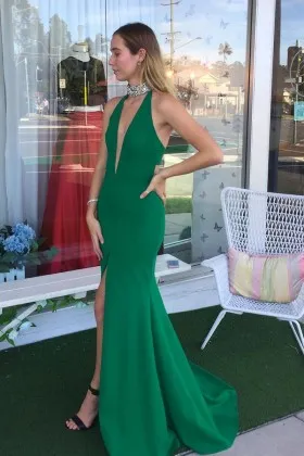 Sexy green spandex beaded halter plunging neckline mermaid long prom dress