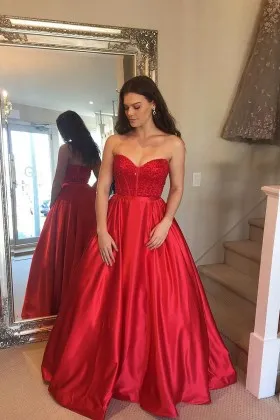 beaded strapless sweetheart red satin designer ball gown pageant formal dress