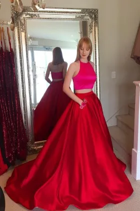 fuchsia and red satin designer two piece crew neck ball gown with pockets