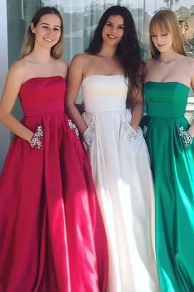 Red white green satin strapless simple designer puffy long prom gown