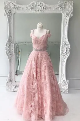 Pastel pink lace designer formal gown with cold shoulder